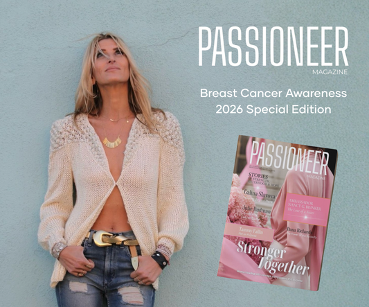 Dana standing against grey wall looking up, text reads: Passioneer Magazine, Breast cancer awareness 2026 special eddition with image of front of magazine 