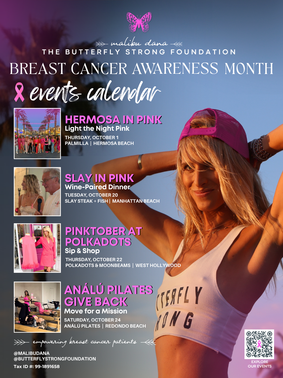 Promotional flyer for Breast Cancer Awareness Month featuring a woman in a pink cap and white tank top on the right, with event listings and photos on the left against a blue-purple gradient background.